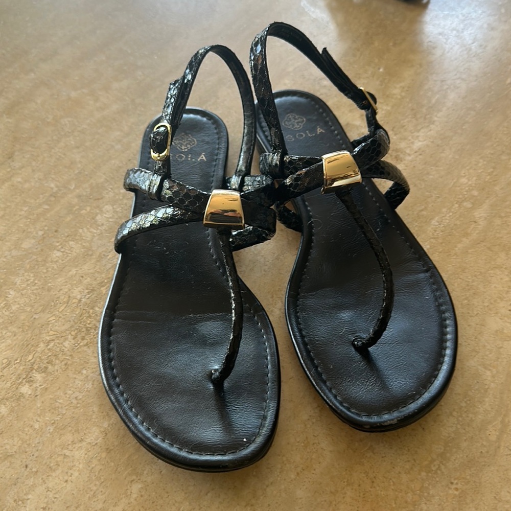 Isola black and gold accent flat sandals with faux snake pattern- nice!